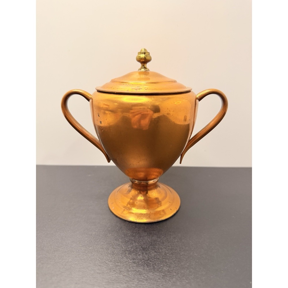Vintage Copper Sugar Bowl with Lid Twin Handle Pedestal Base Rustic Farmhouse